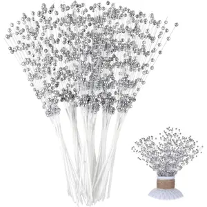 Bouquet Accessories 60 Pcs Pearl Floral Picks,Silver Flowers Stick Stems Bouquets,4mm Bead String Garland Spray Filler Floral,Tree Picks Wedding Party Decoration,Christmas Decorations