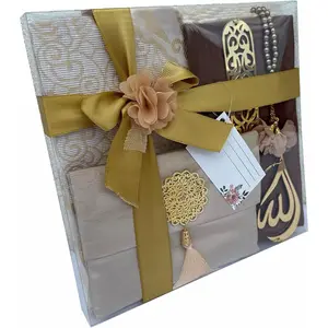 Muslim Prayer Rug, 7 in One Gift Set, Prayer Mat Surah Book, Tasbeeh, Scarf, Surah Case, Bookmark, Car Mirror Hanger, Prayer Beads,Islamic Gift for Umrah, Hajj, Wedding, Janamaz (Gold) 01001
