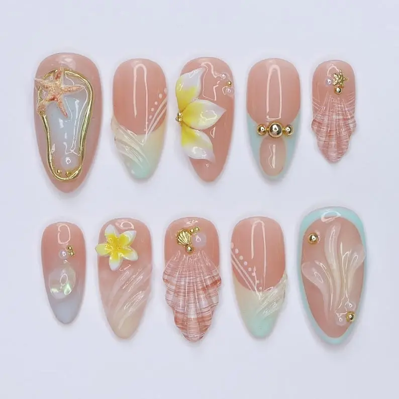 Summer Press On Nails Plumeria with Starfish 3D False Nails