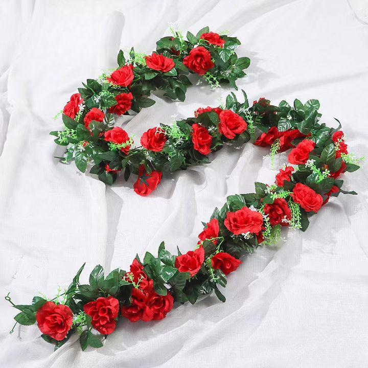 Artificial Silk Rose Flowers Ivy Garland for Wedding Home Decoration Indoor Ceiling Decoration