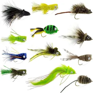 The Fly Fishing Place Bass Bug Collection, 12 Fly Fishing Flies, Surface Poppers and Subsurface Divers, Hook Sizes 2/4/6