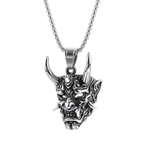 Trendy Unique Samurai Mask Style Stainless Steel Non-Fading Pendant, Chain Link Grunge Necklace for Daily Wear, Chain Link Necklaces, Grunge Necklaces