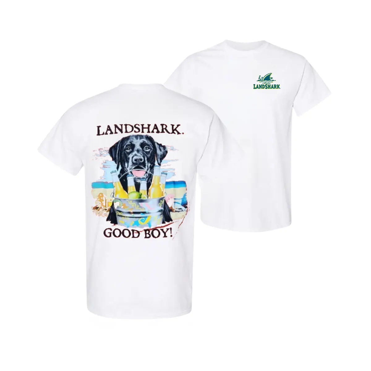 Landshark Good Boy T shirt, Dog Beach Graphic T shirt, Soft Cotton Blend T shirt, Unisex 2 sides Front & Back Print, Funny Beer Lover Apparel for Men & Women, Dog Lover Gift