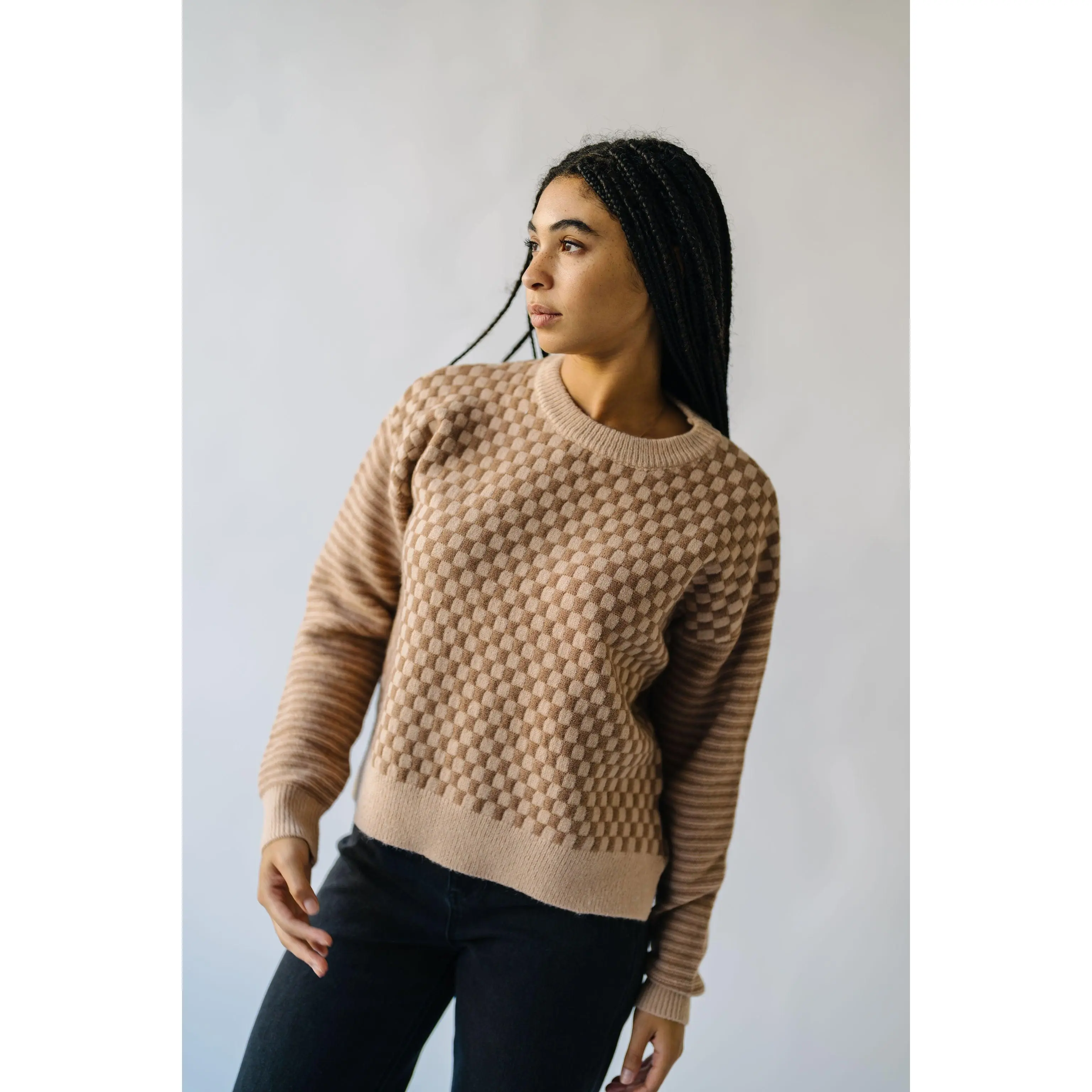 The Storment Checkered Sweater in Taupe + Mocha