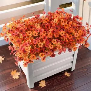 Artificial Fall Flowers Fake Mums for Outdoor Autumn Decoration, 12 Bundles Faux Silk Orange Yellow Mums Daisy Look Real UV Resistant for Outside Home Porch Patio Planter