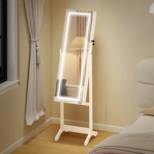 60" Full-Length Mirror Jewelry Storage Armoire, Indoor Mirror Cabinet with Lockable Door and Key, White Bathroom Furniture