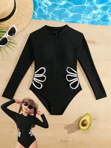 Girls' One-Piece Swimsuit, Long Sleeve Side Cutout Floral Design Zipper Swimwear, Trendy Hot Spring Swimming Costume for Little Girls