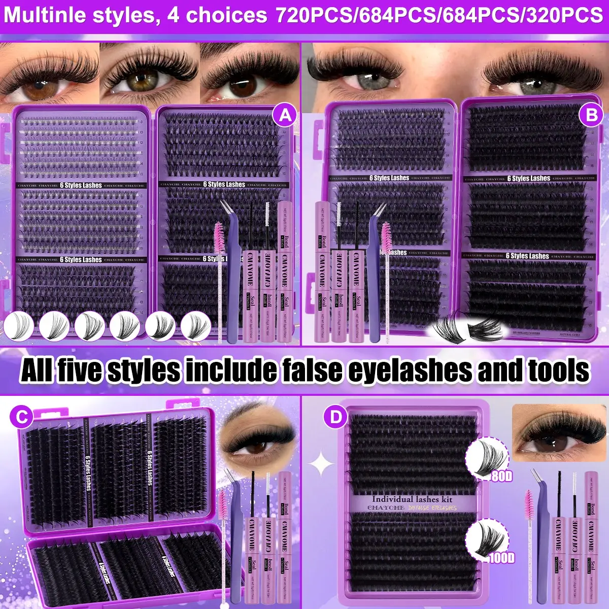 720/684/648/320 Clusters, Fluffy Eyelash Clusters, Beauty Eyelash Clusters, Individual Lash Kit, 100D-150D 6-in-1 Mixed Lashes, Eyelash Extensions, w/ Glue & Tools, 8-16mm Mixed Lengths, Lightweight Soft, Beginner-Friendly, for Daily, Festivals