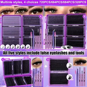 720/684/648/320 Clusters Thick Individual Lash Kit, 100D-150D 6-in-1 Mixed Lashes, w/ Glue & Tools, 8-16mm Mixed Lengths, Fine Natural, Lightweight Soft, Beginner-Friendly, for Daily, Outdoor, Dates, Festivals, Spring Fest Stock-Up