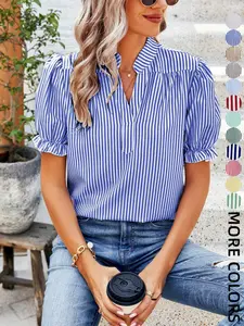 Cottagecore Striped Stand-Collar Puff Sleeve Ruffle Blouse Y2K Casual Striped V-Neck Puff Sleeve Daily Blouse Effortless Striped Stand-Collar Puff Sleeve Commute Blouse