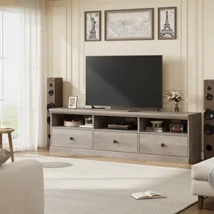 Mid Century Modern TV Stand for TVs Up to 80", Mid-Century Modern Entertainment Center with Storage Drawer, TV Console with Open Shelves, Wood Media TV Cabinet for Living Room, Bedroom