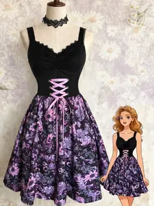 Women's Floral Patchwork Dress, Cute, Daisy Print V-Neck, Slim Fit, Perfect for Summer, Vacation, Office, Elegant Occasions, All Seasons