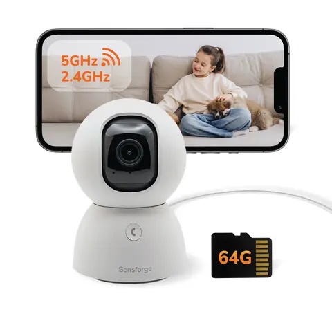【Big Sales】SensForge 2.5K HD Resolution Home Monitoring Camera, 360° PTZ Wireless WiFi Indoor Camera System, Dual-Band Connectivity, AI-Powered Human & Pet Detection, 64GB Micro SD Storage, 2-Way Talk, Tabletop Mount, Optional AI + Storage Upgrade