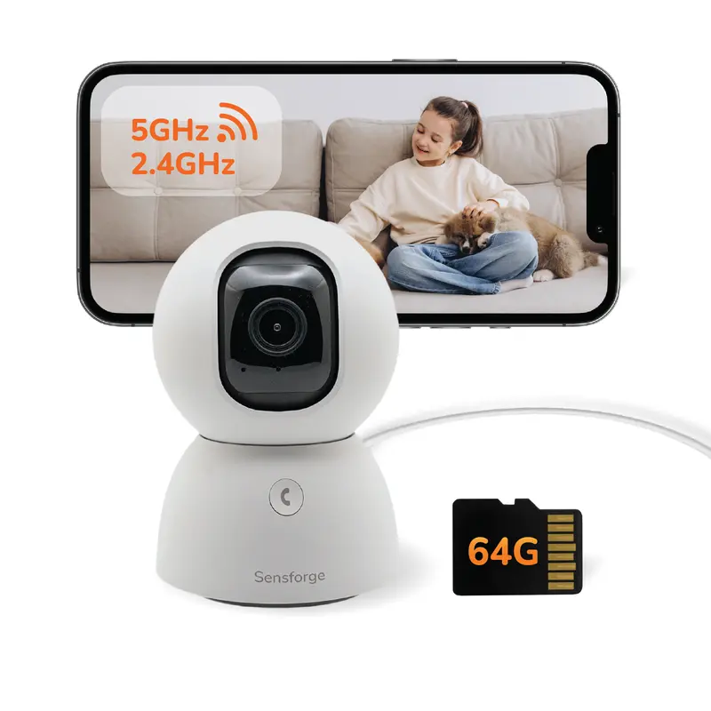 【Big Sales】SensForge 2.5K HD Resolution Home Monitoring Camera, 360° PTZ Wireless WiFi Indoor Camera System, Dual-Band Connectivity, AI-Powered Human & Pet Detection, 64GB Micro SD Storage, 2-Way Talk, Tabletop Mount, Optional AI + Storage Upgrade
