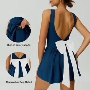 TIMEOFF Women's Sleeveless Deep V-Back Jumpsuit, 2-in-1 Detachable Bow, Smocked Waist, Princess Seam, Stretchable All Season Activewear, Athletic Style Fitness Sport Outfits, Workout Gym Clothing Clothes,summervibes