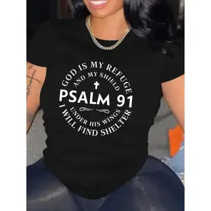 [100%25 Cotton] Stylish Faith-Inspired Graphic Tee- Soft Short Sleeve Comfort Fit Top With Psalm 91 Letter Print- Women'S Casual Wear For Everyday Faith Expression T-Shirt For Men And Women