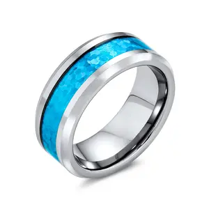 Unisex Titanium Wedding Band Ring with Simulated Blue Opal Inlay for Couples