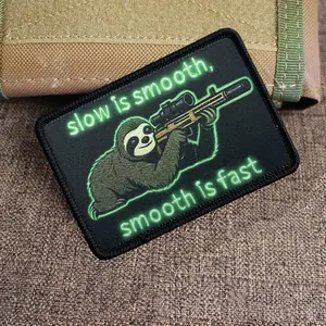 Slow is Smooth Smooth is Fast Tactical Patch Design Funny Sloth Sniper Morale Badge Hook and Loop Military Applique for Backpack