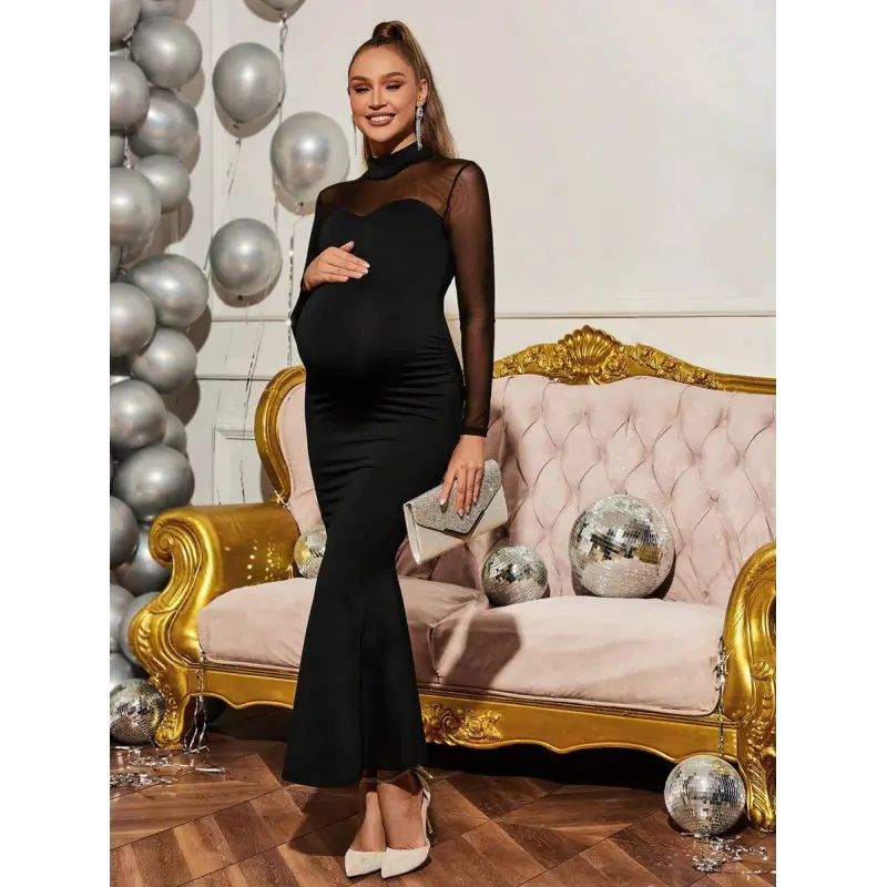 chinese dress ladies Momyknows Ruffle Ruched High Waist Puff Sleeve Cute Gender Reveal Maternity Maxi Dress Light Green / S main image 0