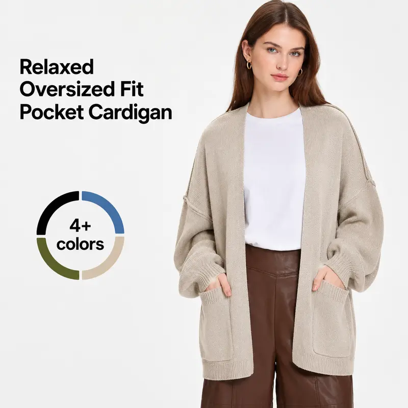 FireSwan Women's Oversized Open-Front Crew Neck Long-Sleeve Knitting Cardigan with Pockets - Casual Fall, Spring Layering Piece #SohoChic