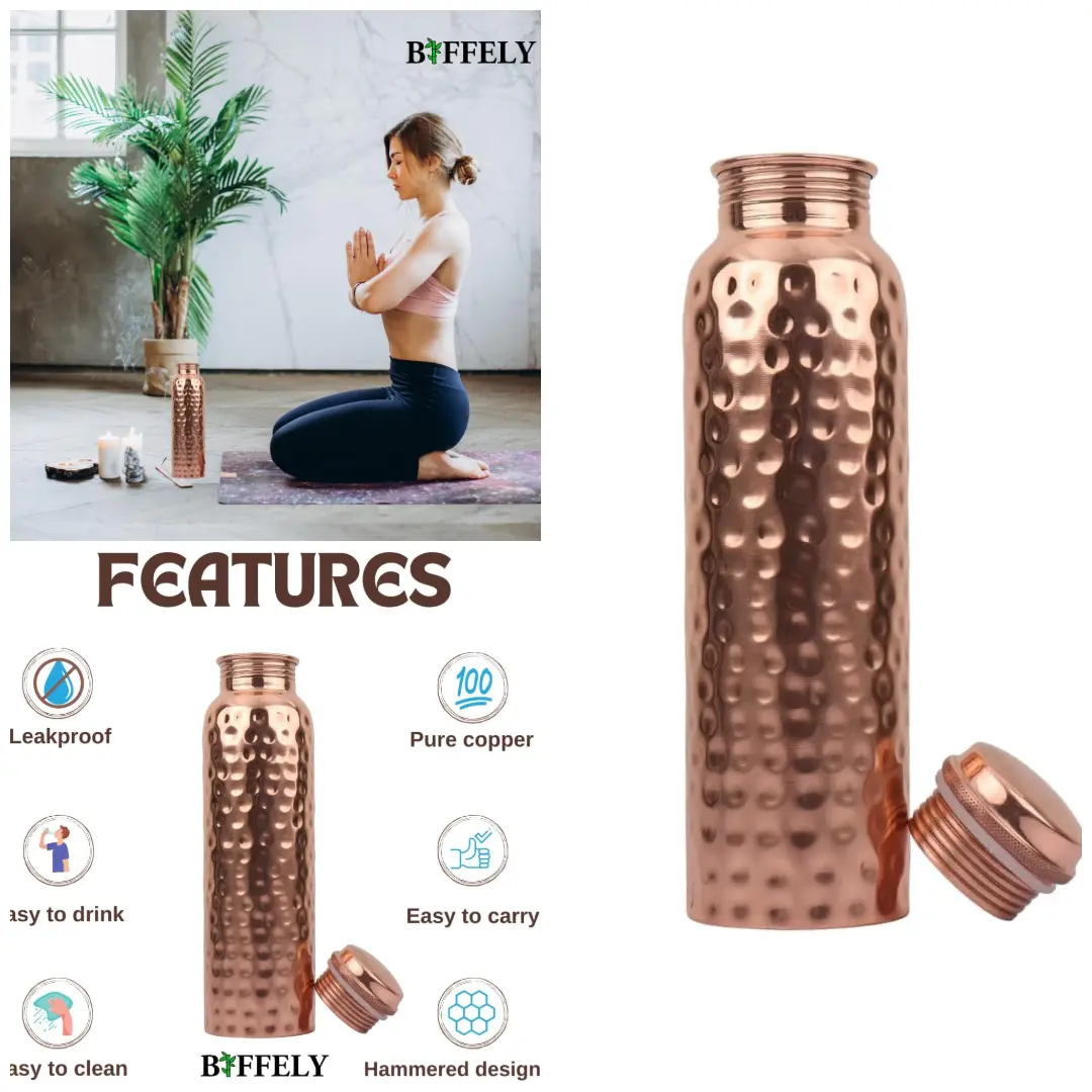 Pure Copper Water Bottle – 1000ml (34 oz) Leak-Proof Ayurvedic Bottle | Handmade, BPA-Free, Joint-Free Design for Health, Yoga, Office & Travel | Ideal for Hydration & Detox (Hammered)