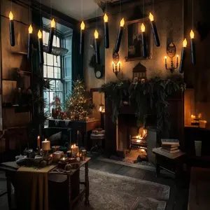 Floating Black Candle with Magic Wand Remote Control, 12 Hanging Candles, Flickering Warm Light Flameless Floating LED Candle with Magic Wand Remote Control, Battery Powered Window Taper Candle Suit, Suitable for Halloween Decoration