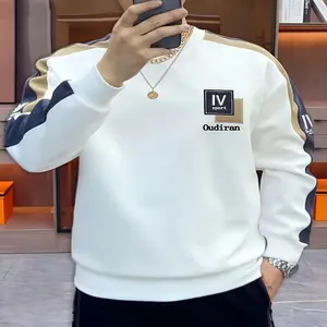 2025New Menswear�� [Autumn Chic] Chic Color Block Crew Neck Sweatshirt - Casual Long Sleeve Pullover with Logo, Machine Washable, Polyester Blend for Spring & Autumn, Spring Autumn Apparel|Trendy Sweatshirt|Smooth Texture Fabric, Cute Sweats