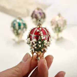 [Faberge Egg Jewelry Box] Hand Painted Flower Faberge Egg Trinket Box with Pearls, Hinged Enamel Faberge Egg Jewelry Box, Unique Ring Necklace Jewelry Organizer, Vintage Bejeweled Storage, Collectible Figurine Keepsake Home Decor