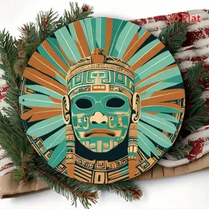 1pc 2D Plane, Aztec Mayan Mask Unique Sculpture Theme Round Aluminum Artistic Wall Art, Vintage Decorative Aluminum Sign Decoration, Suitable for Home, Office, Living Room - Perfect Gift for Father's Day, Mother's Day, 8x8inch