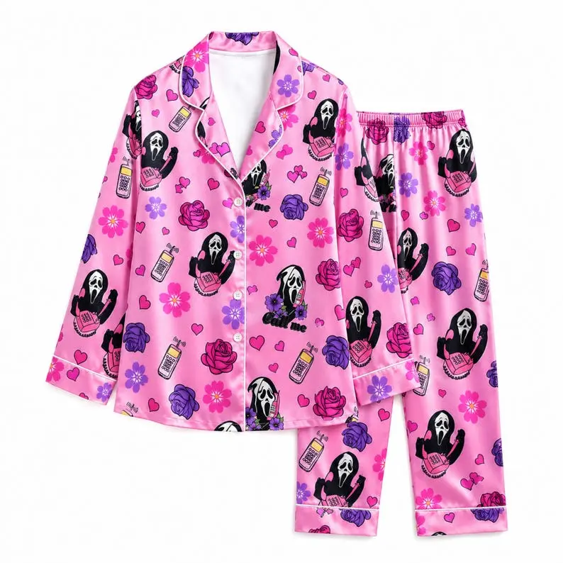 Ghostface Valentine's Day Satin Pajama Set – Pink Cute Horror Floral Sleepwear for Women
