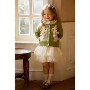 Girls' Jacquard Knit Cardigan Sweater, Spring/Fall Outerwear for Kids