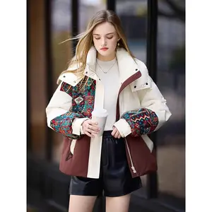 Winter Embroidery Hooded Patchwork Down Jacket Female Thick Quilted Short Parka Outwears Coat Women White Duck Down Warm Jackets