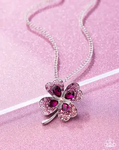 Four Leaf Fashion - Pink Gem Iridescent Clover Shamrock Silver Short Necklace - Mandy's Exclusive Encore Bring Back - Paparazzi