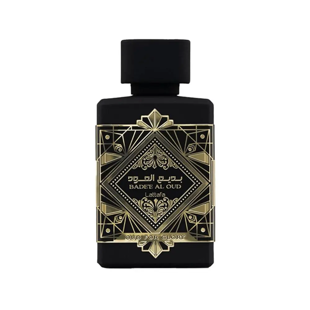 Lattafa Badee Al Oud For Glory Eau De Parfum Unisex — Saffron, Nutmeg, Lavender, 3.4 oz (100 ml) | agarwood (oud), saffron perfume, patchouli, nutmeg perfume, musk, saffron nutmeg, nutmeg lavender, lavender agarwood (oud), lavender perfume, musk perfume