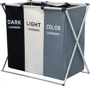 3 Section Laundry Basket Printed Dark Light Color, Foldable Hamper/Sorter with Waterproof Oxford Bags and Aluminum Frame, Washing Clothes Storage for Home, Dormitary Multicolored