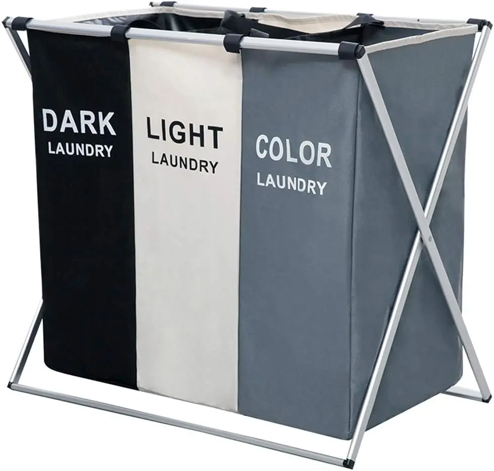 3 Section Laundry Basket Printed Dark Light Color, Foldable Hamper/Sorter with Waterproof Oxford Bags and Aluminum Frame, Washing Clothes Storage for Home, Dormitary Multicolored