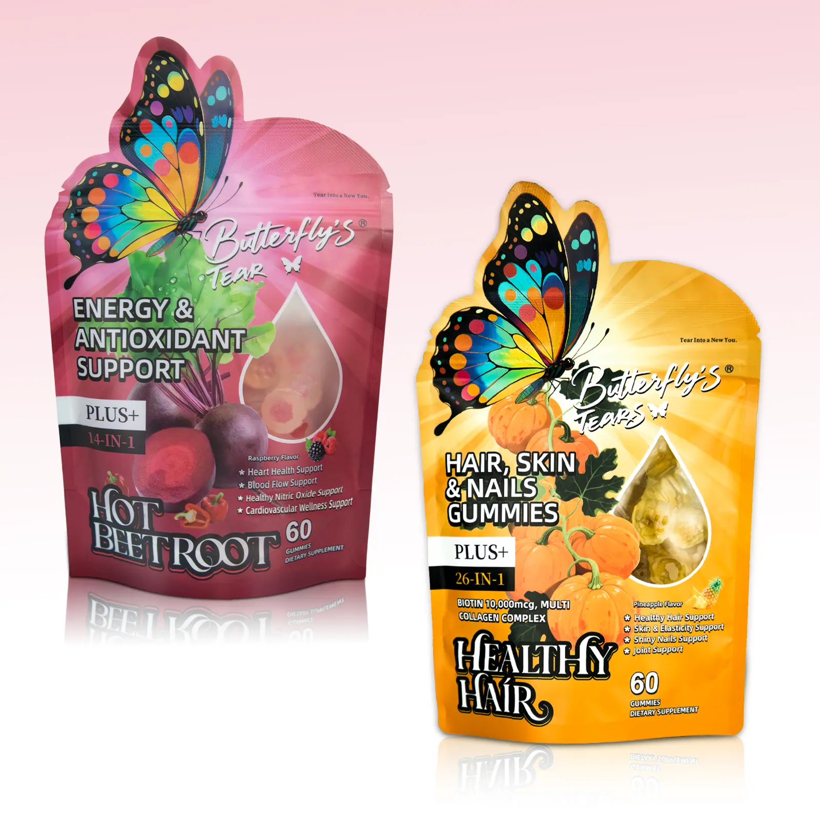 Butterfly's Tear Chewable Edible Hot Beetroot Hair Beauty & Health Supplement Gummies - 14-in-1 Dietary Support with Cayenne, Turmeric, Multi Collagen - Energy, Blood Pressure Aid - 60 Count