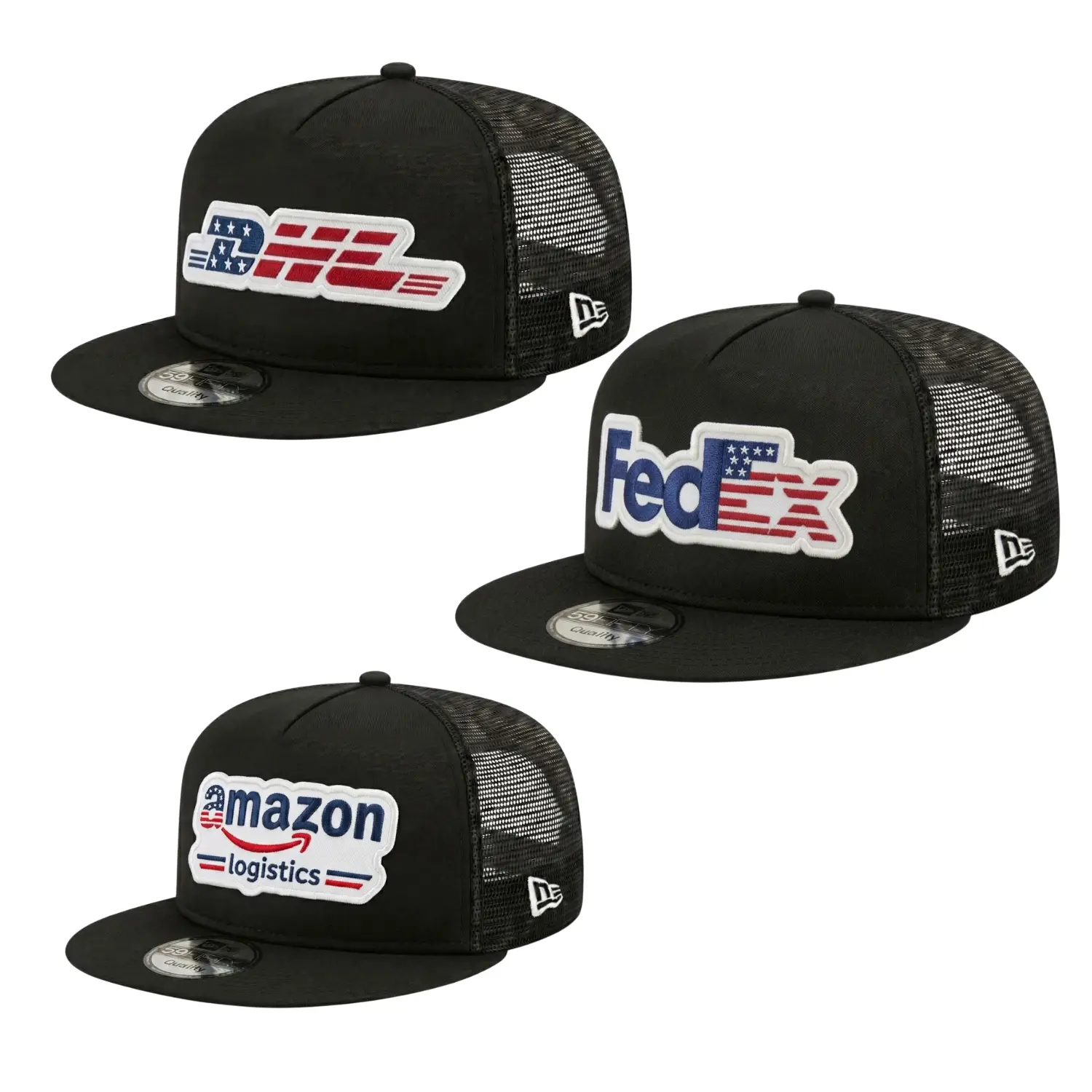 American Express Delivery Logo Black Trucker Hat, Retro Parcel Courier and Logistics Inspired Graphic Mesh Back Flat Brim Snapback Cap, Adjustable Shipping Driver Streetwear Outdoor Casual Headwear Gift for Men Women Teens and All Ages