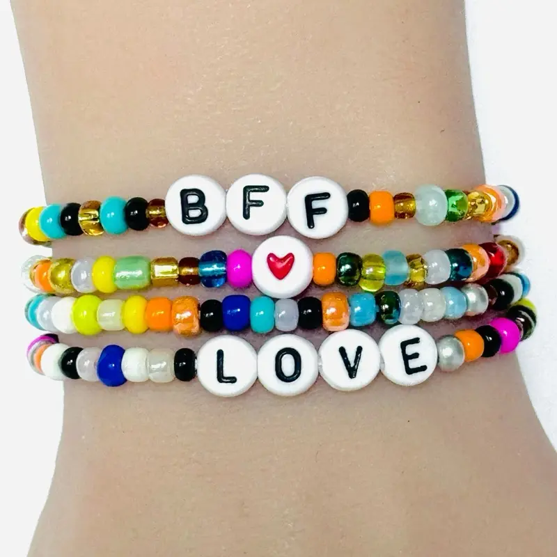 Stackable  Women’s Beaded Bracelets, Set of 4 Bracelets, BFF, Love, Heart stretchable  Bracelets