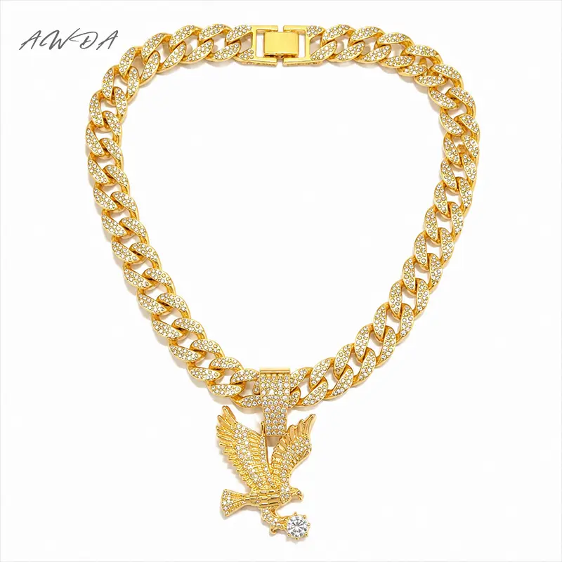 Hiltopia Eagle Pendant Cuban Chain & Miami Necklaces, Big Eagle Pendent and Chain with Design，Hip Hop Cuban Link Chains for Men，Gold plating，pendant necklace，hip hop titanium necklace