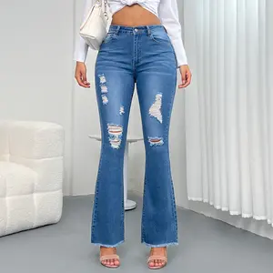 Yzara Vintage Distressed High-Waisted Flared Jeans for Women – Frayed Hem, Irregular Cut, Floor-Length Bell Bottoms, Summer Slimming Denim Pants Fit Womenswear Bohemian Fringe Trouser Streetwear Basic Minimalist