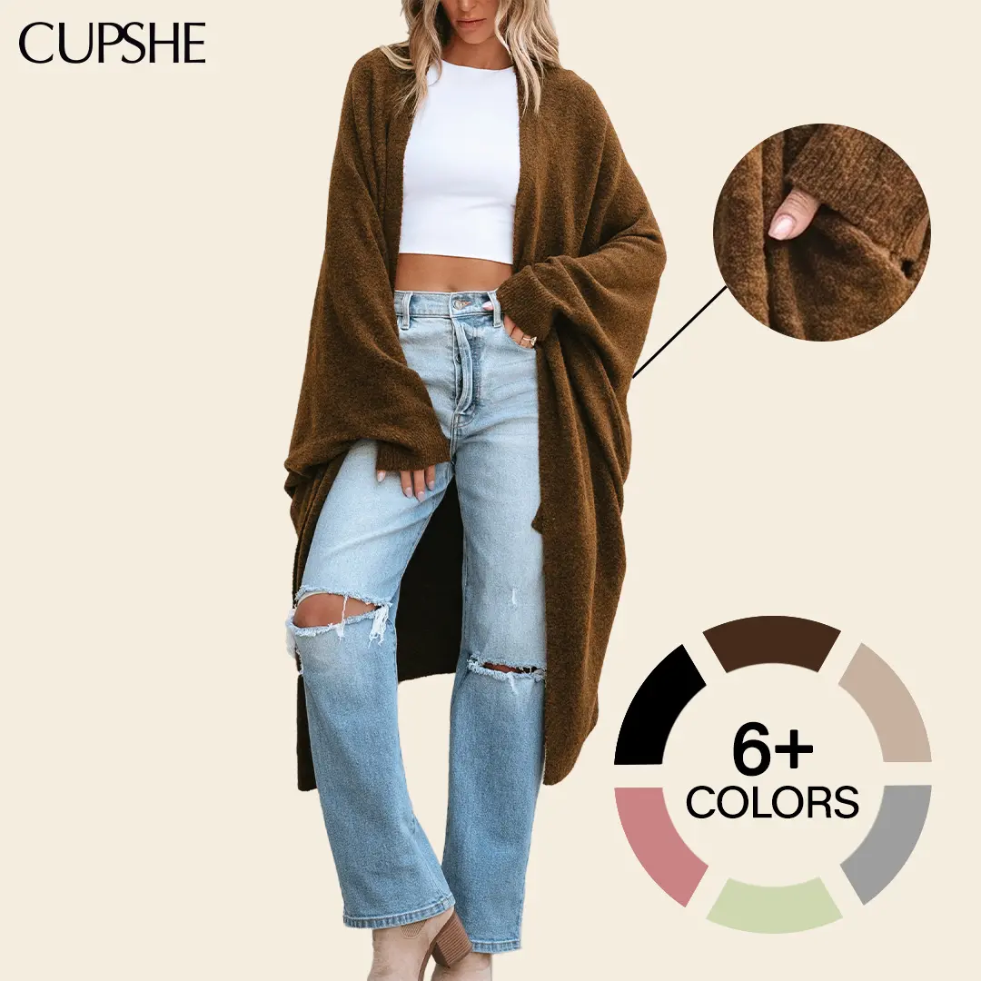 【Restocked】CUPSHE Women's Longline Basic Long Sleeve Kimono Duster Cardigan, 78% Viscose Loose-Fit Plain Open-Front Nylon Dolman Sleeve Lightweight Knit Layering Cute Top, Stylish Casual Fall Travel Womenswear