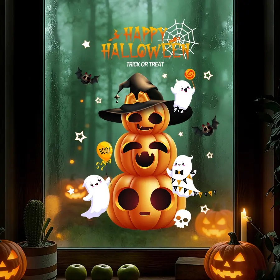 Halloween Pumpkin Window Sticker, 45cmx60cm, Funny Pumpkins, Ghosts, Bats, Spider Web Combo, PVC Static Adhesive, Festive Atmosphere