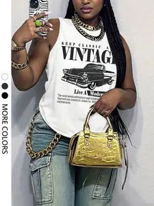 Women's Casual Loose Fit Vest, Car Letter Print, Soft Comfortable Home Outdoor Wear, Relaxed Style, Perfect for Daily Use