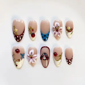 Fall Nails/Fall Press on nails long almond nails/Polka Dots Nails/3D Alarm Clock Nails