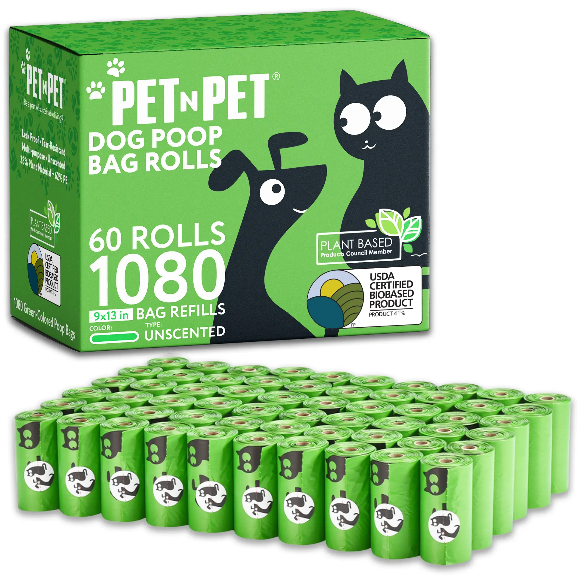 Pet N Pet Dog Poop Bag Rolls - 41% Plant Based, USDA Certified, 1080 Counts, Leakproof Poop Bags for Dogs, Waste Bags