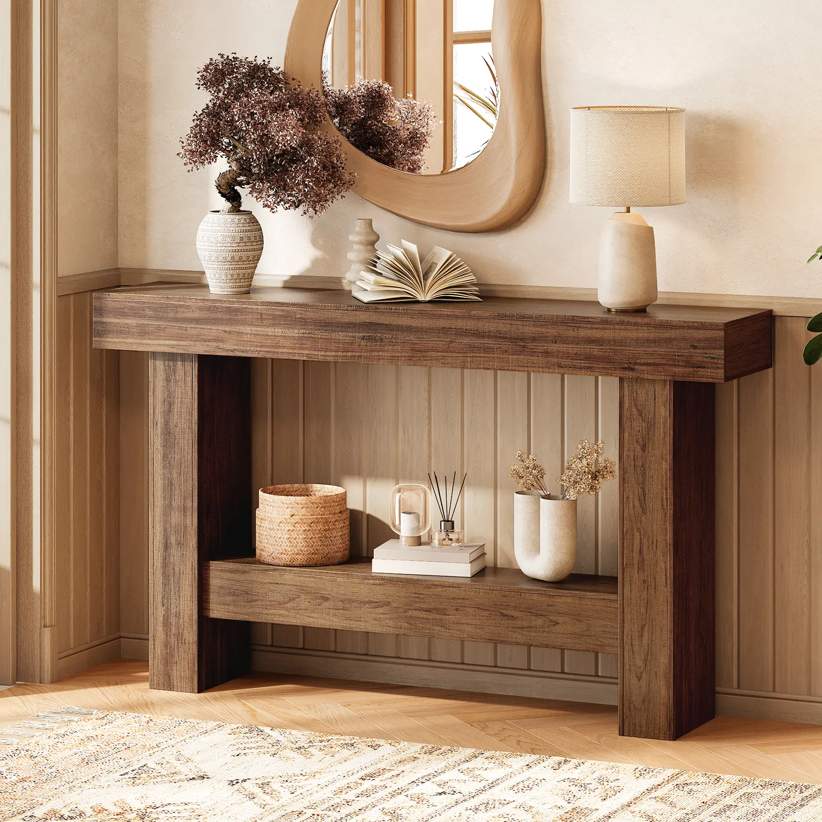 55 Inch Long Console Table,Farmhouse Dressing, Wooden Rectangular Sofa Table Behind Sofa, affordable coffee desk, Industrial Entryway Small Space Accent Table with Storage for Living Room, Entryway, Hallway Desk Modern Home Furniture
