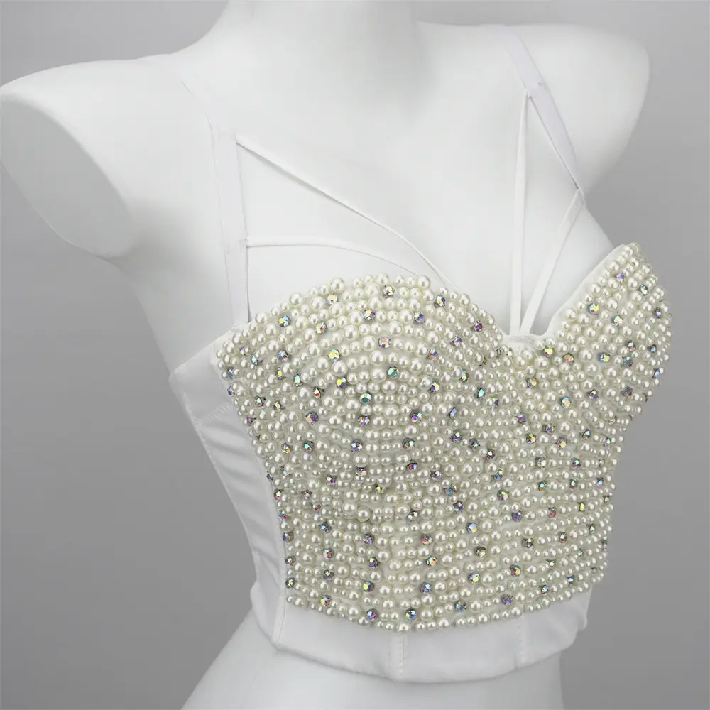 Women's Beaded Corset Crop Top, Sleeveless Minimalist Bustier with Rhinestones and Fishbone Boning for Summer Party & Rave Outfits