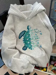 Women's Loose-Fit Hooded Sweatshirt, Turtle Print, Casual Fall & Winter Wear, Fashionable Drawstring Pocket Design