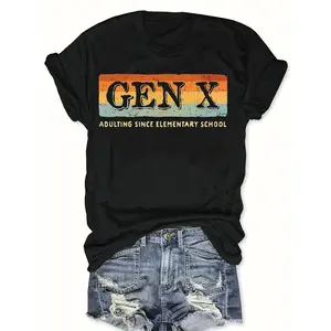 Plus Size - Plus Size - A Loose And Breathable Round-Neck Tee for Plus-Size Women Featuring a Striped Banner That Says "GEN X ADULTING, " Perfect for Gatherings Celebrating Generation X
